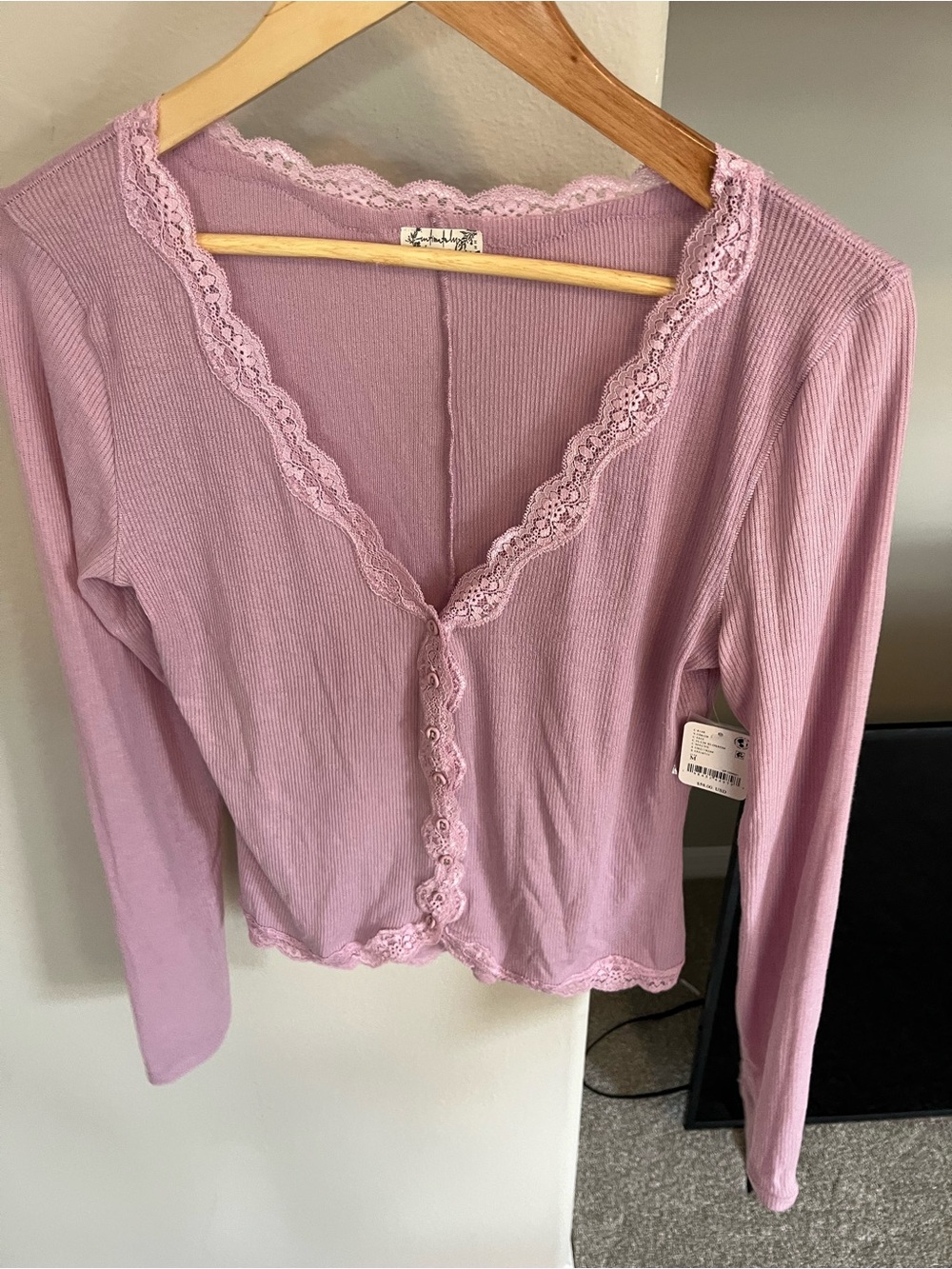 Free People Lavender Lace-Trim Ribbed Long Sleeve Top